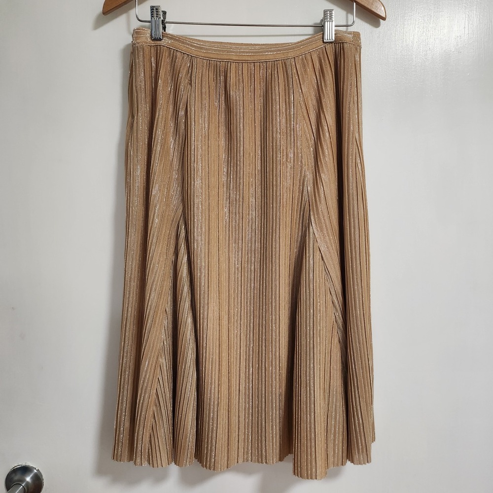 Anthropologie Maeve Ambra Pleated Midi Skirt Pink Rose Gold Metallic size XS